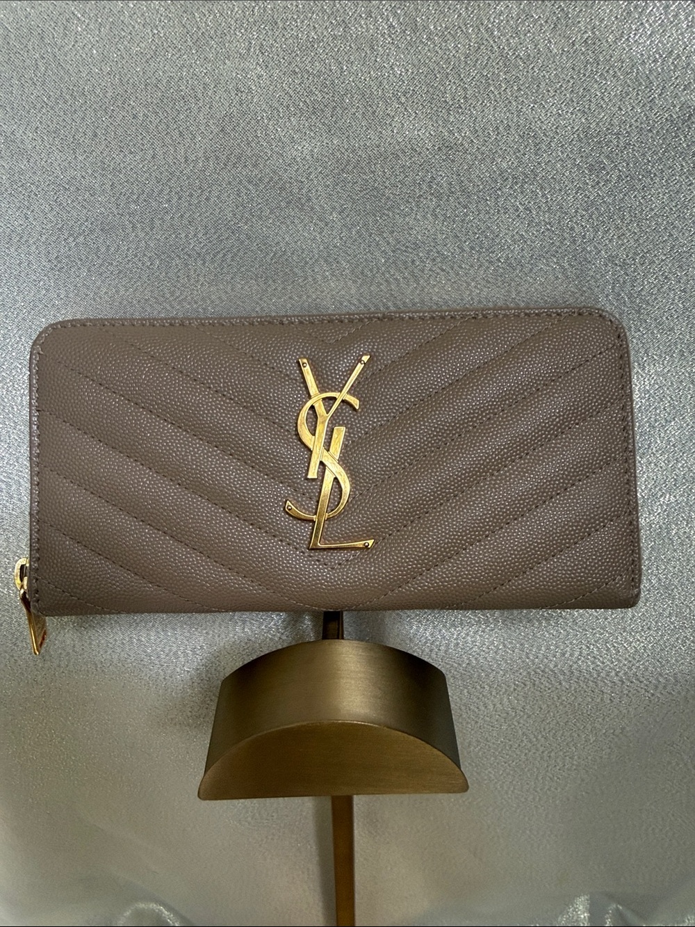 Yves Saint Laurent Quilted Zip Wallet in Taupe with Gold YSL Logo